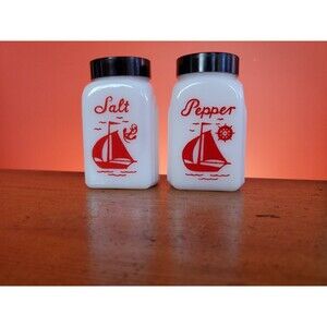 McKee Glass De Luxe White Milk Glass Salt & Pepper Shaker Set Sail Boats USA